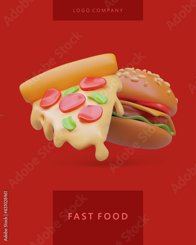 Vertical colorful poster with tasty food for online store. 3d realistic burger and slice of pizza with pepperoni. Vector illustration with red background and place for text and logo