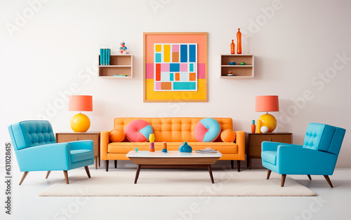 Interior design  bright and vibrant colorful retro style living room