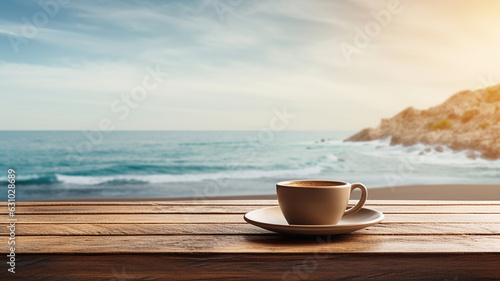 Cup of coffee is placed on a wooden table with a beach background