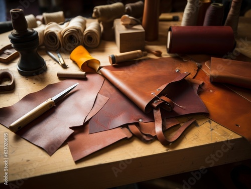 Leather craft or leather working. Selected pieces of beautifully colored or tanned leather on leather craftman's work desk . Piece of hide and working, Generative AI