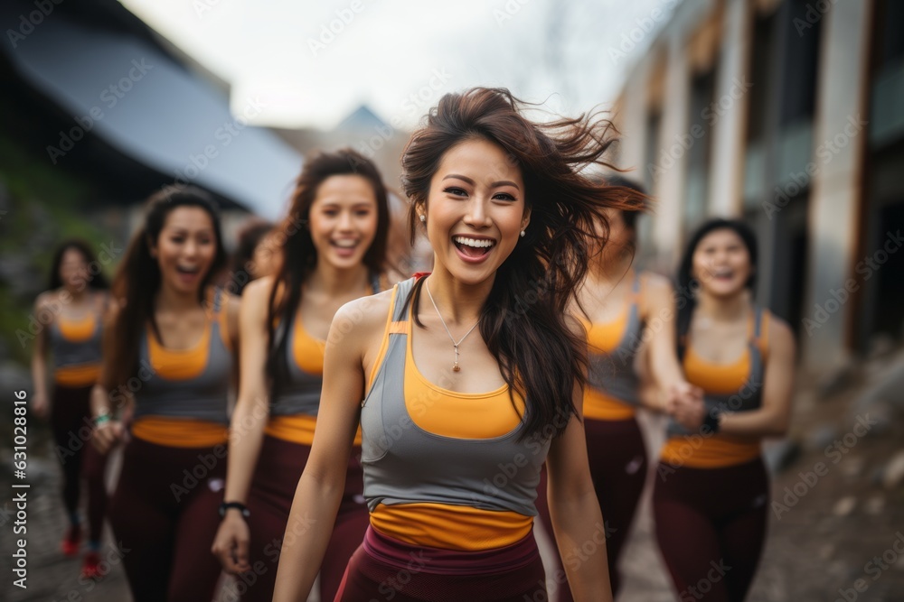  a group of asian woman smiling and laughing in sports in the street