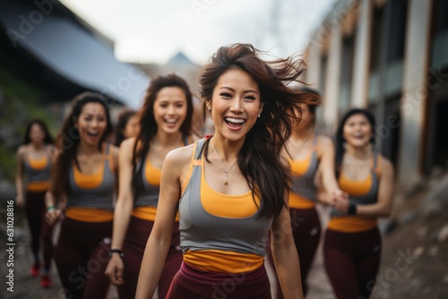  a group of asian woman smiling and laughing in sports in the street