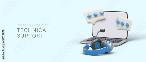 Technical support. Realistic headset, open laptop, messenger icons. Online help. Virtual assistant. Operator services. Template for web design. Poster for help page, FAQ