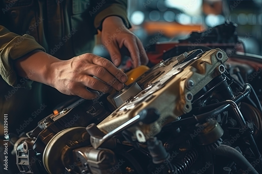 Obraz premium Close-up of mechanic hands repairing car engine in auto repair shop