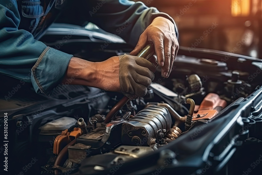 Obraz premium Close-up of mechanic hands repairing car engine in auto repair shop