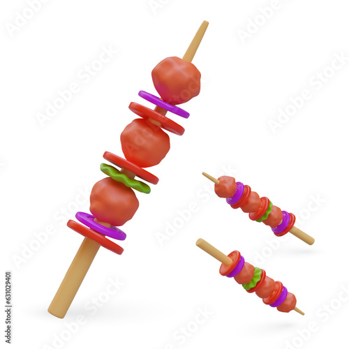 Realistic kebab in different positions. Grilled meat with vegetables on skewer. Delicious pickled food with spices. Set of colored isolated vector images