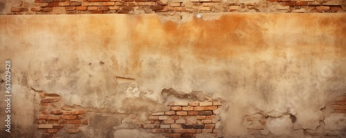 Vintage wall texture. Italian or european style old wall. Some bricks showing under the amber colors mortar. Vintage wall texture. Wide format. Generative AI