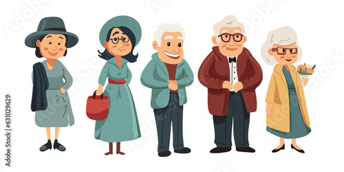 Set of elderly or old people, men and women, vector illustration