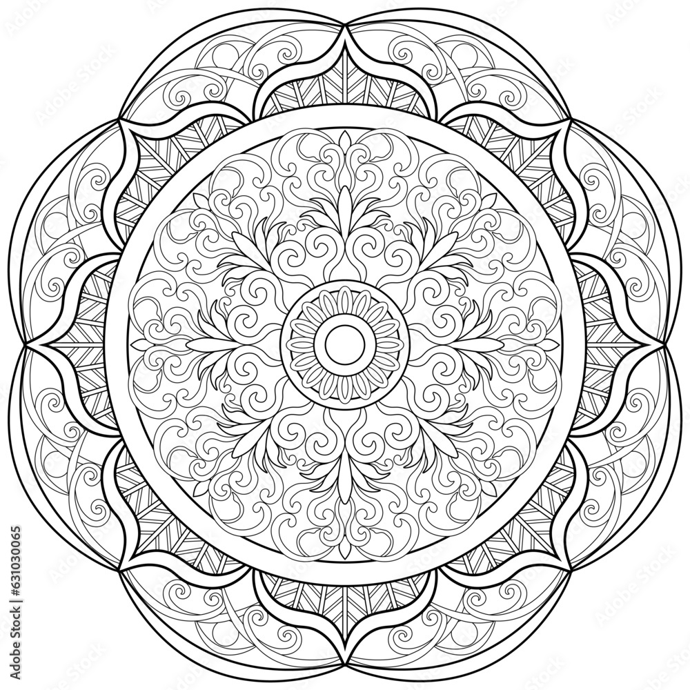Colouring page, hand drawn, vector. Mandala 229, ethnic, swirl pattern, object isolated on white background.