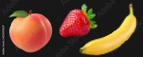 Pixel elements for collage on transparent background. Fruits - peach, strawberry and banana. Modern bright stickers. Vector trend pack . Dadaism style
