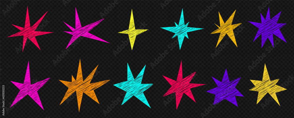 A set of trendy irregular stars. Simple hand drawn shapes with textures. Vector illustration elements A set of trendy irregular stars. Simple hand drawn shapes with textures. Vector illustration elements