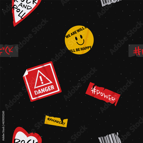 Grunge seamless pattern with a noisy background. Rock stickers, modern background. Trendy vector illustration and collage 