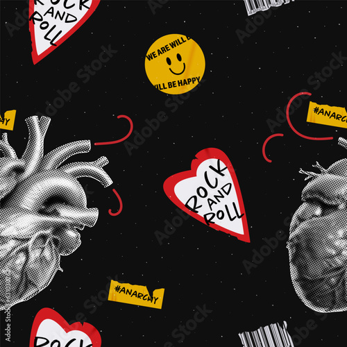 Grunge seamless pattern with a noisy background. Halftone heart and rock stickers, contemporary background. Trendy vector illustration and collage 
