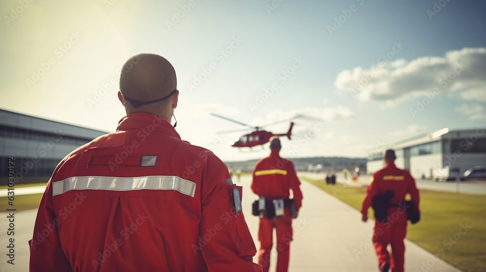 Emergency medical workers in red uniforms standing beside a helicopter at an airport with a blurred background