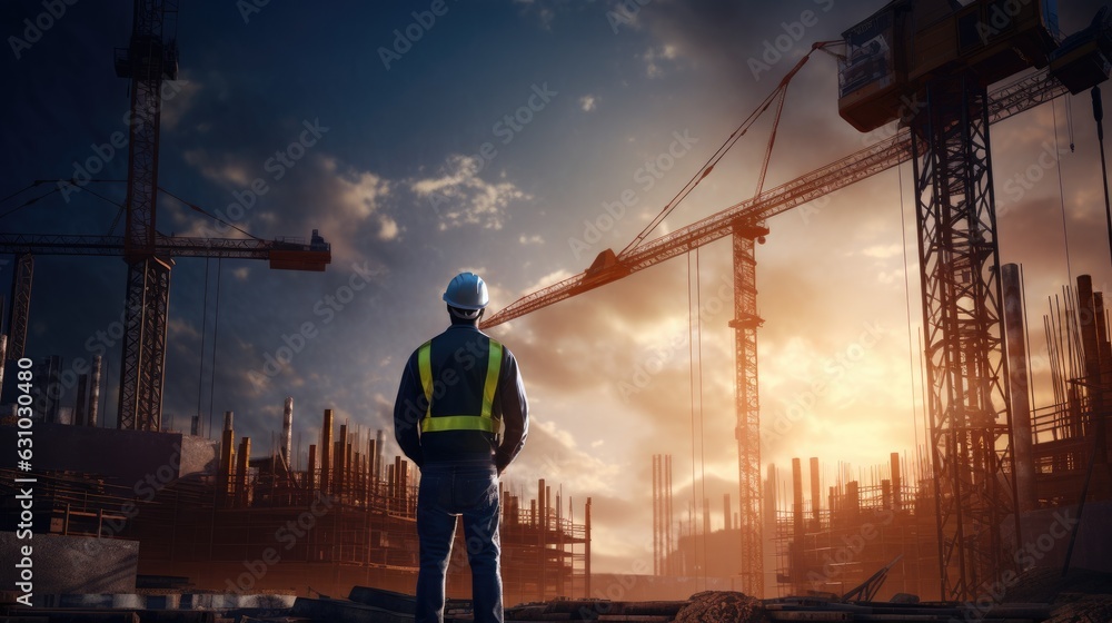 A construction engineer looks at a crane working on a construction site.