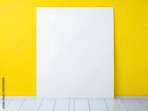 Poster mockup standing on the floor near yellow wall background