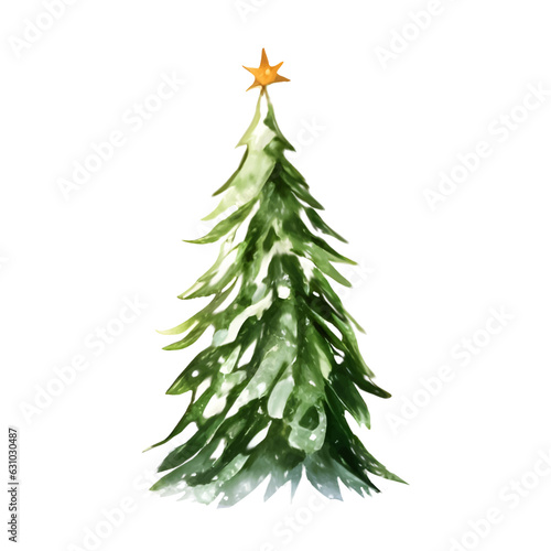 Hand drawn watercolor Christmas tree decorated with gold star on top.