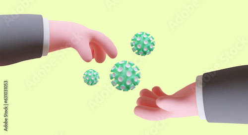 3d realistic hands holding different bacteria. Concept of 3d medicine. Protection against viruses and bacteria. Vector illustration with green background