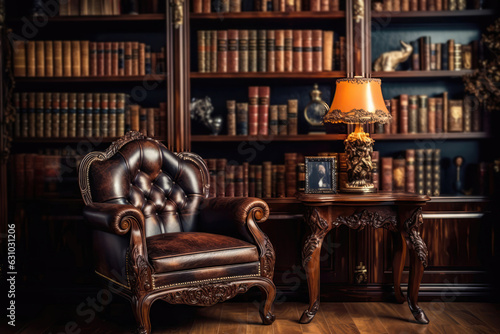 Traditional Study With Dark Wood Bookshelves And Leather Armchair Traditional Interior Design. Generative AI photo