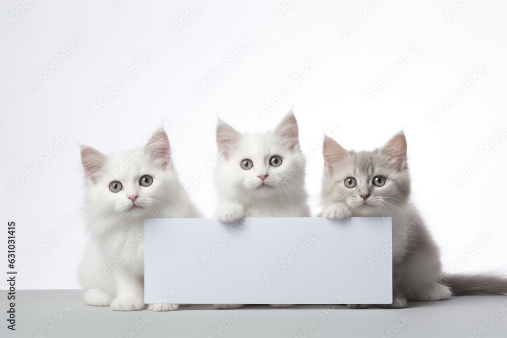 Group of cats is holding with banner. AI generated