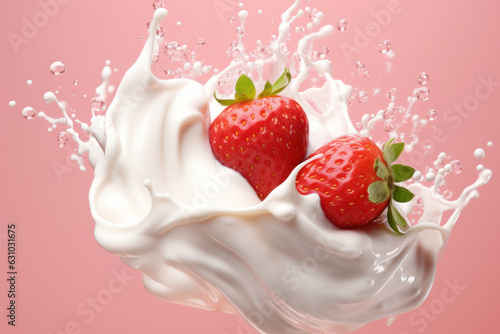 Whirling milk cream with strawberries, close - up. AI generated