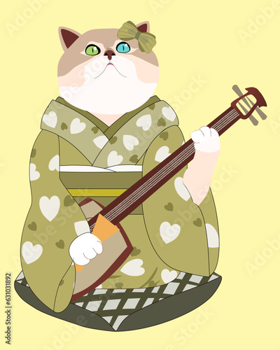 Cute Japanese Cat playing shamisen