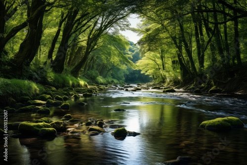 Tranquil River Flowing Through a Lush, Generative AI © Box Milk
