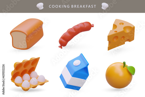 3d realistic different products. Cooking breakfast with meat, cheese and eggs. Healthy breakfast with toast and fruit, balanced food. Vector illustration