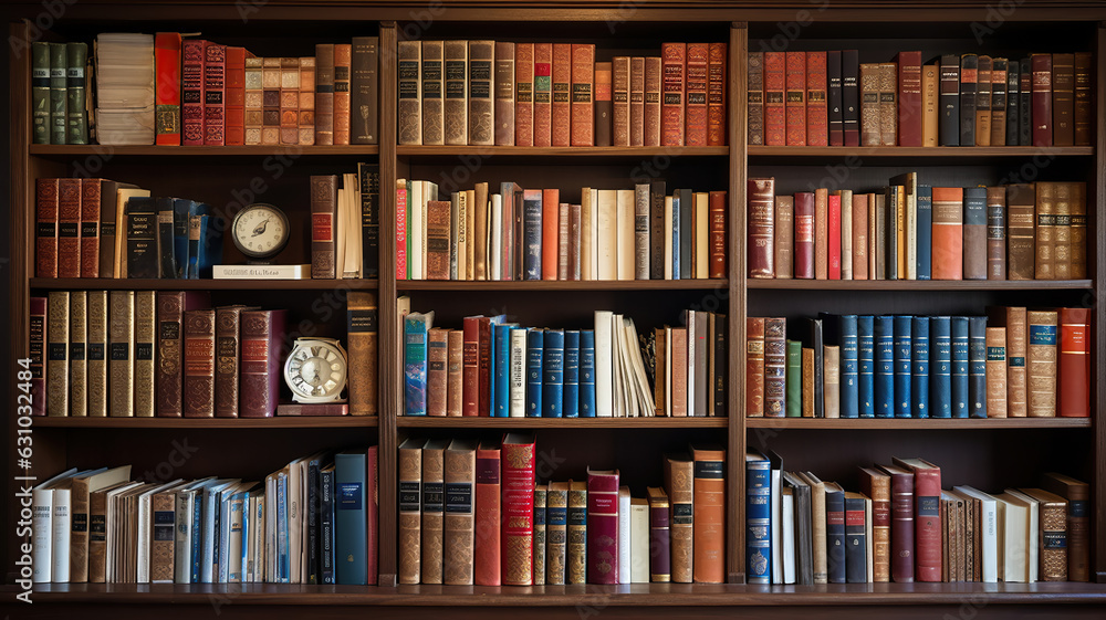 Collection of diverse books graces the shelves in the cozy home library Collection of diverse books graces the shelves in the cozy home library