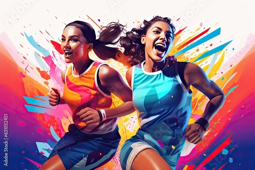 Living a fitness lifestyle: Happy female athletes wearing sports clothing and are showing motivation - Generative AI