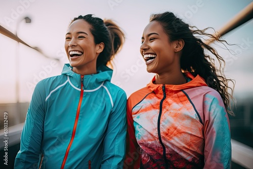 Living a fitness lifestyle: Happy female athletes wearing sports clothing and are showing motivation - Generative AI