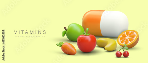 Realistic 3d pill and fruits. Variety of vitamin in different fruits, vegetables and berries. Multi Vitamin complex concept. Vector illustration in red and green colors