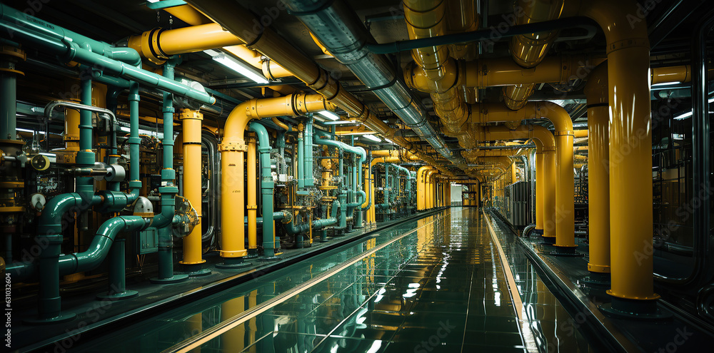 Sustainable production machinery set against a backdrop of verdant pipes. Sustainable production machinery set against a backdrop of verdant pipes.