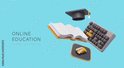 Concept of online education. 3D keyboard, computer mouse, book, graduate cap. Distance lessons. Training during quarantine, in isolation. Horizontal banner on blue background
