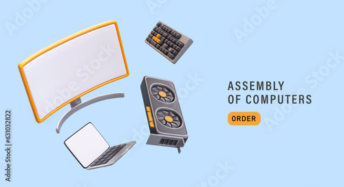 Service of assembling computers, laptops. Update of equipment. Advertising banner with floating objects, order button. Template in cartoon style. Assistant help. Consulting services