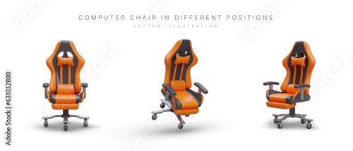 Realistic computer chair in different positions. Gaming chair with headrest, armrests, wheels. Modern ergonomic furniture. Set of vector images with shadows. Isolated objects on white background