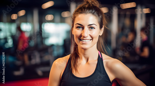 Smiling fitness trainer woman portrait on a gym background.