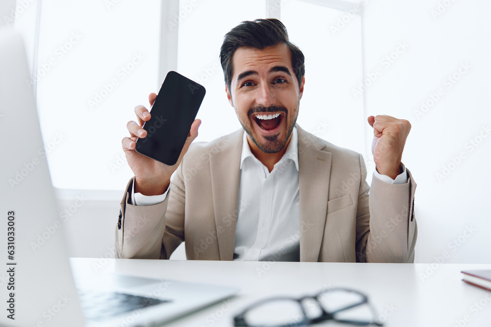 Corporate man smile portrait laptop phone talk caucasian businessman office adult winner computer happy Corporate man smile portrait laptop phone talk caucasian businessman office adult winner computer happy