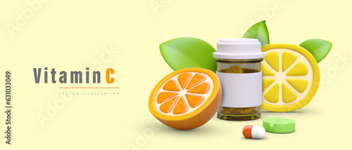 Fruits rich in vitamin C concept. Various pills and capsules, vitamins in jar. 3d realistic lemon and orange near jar with medicine. Vector illustration with place for text