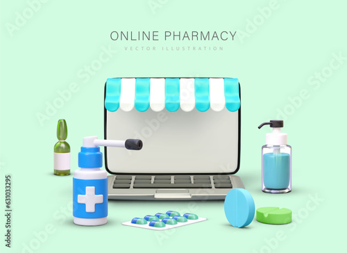 Vector composition for online pharmacy. Open laptop with shop canopy, medicines in different packaging. Ampoule, spray, tablet, capsule, sanitizer with dispenser. Care for health, hygiene, treatment
