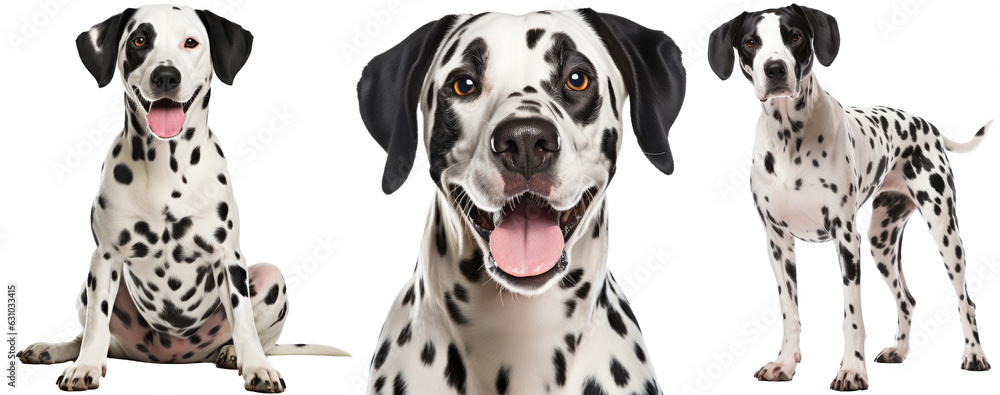happy dalmatian dog collection (portrait, sitting, standing) isolated on a white background as transparent PNG, animal bundle - obrazy, fototapety, plakaty 