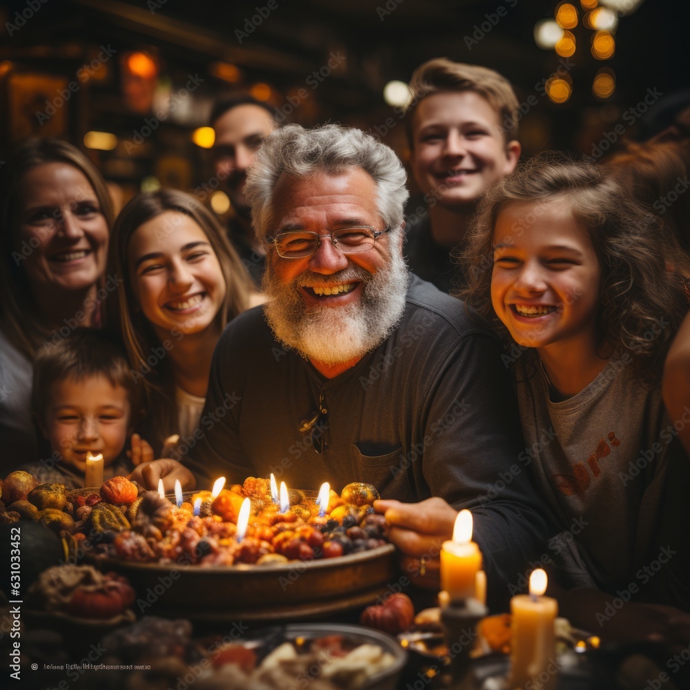 Family celebrating christmas, grandpa and grandkids having thanksgiving dinner