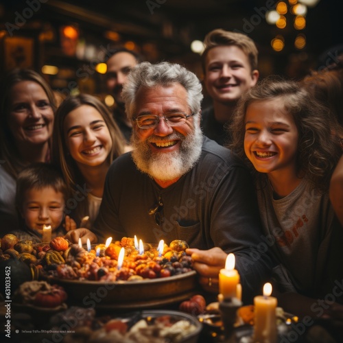 Family celebrating christmas, grandpa and grandkids having thanksgiving dinner