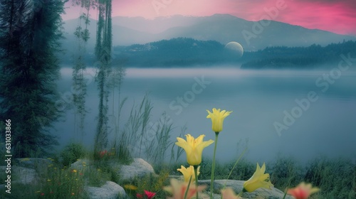 Digital composite of flowers against misty surrel landscape with mountain and trees. generative ai photo