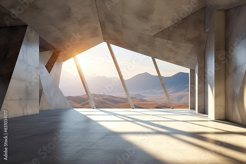 architecture empty room with window and mountain background with sunlight © ttonaorh