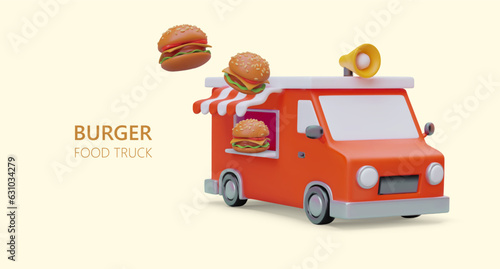 3d realistic burger truck. Colorful poster for street food company. Red truck selling different tasty burgers outside. Fast food concept. Vector illustration with place for text