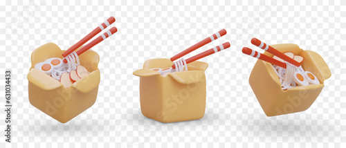 Asian noodles in box, served to take away. Rice noodles with eggs and meat, chopsticks. Set of realistic isolated images. Colored icons for illustration of site, application of oriental cuisine