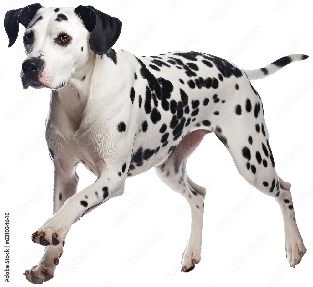 A walking dalmatian dog isolated on a white background as transparent PNG