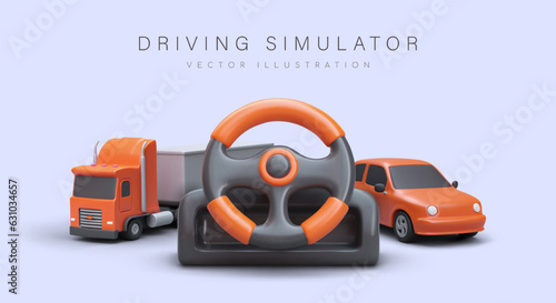 Driving simulation. Game computer steering wheel, truck, car. Learning to drive on simulator. Virtual races. Preparation for testing. Color vector poster with 3D illustration
