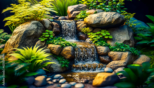 Miniature waterfall in garden with rocks and plants". Generative AI